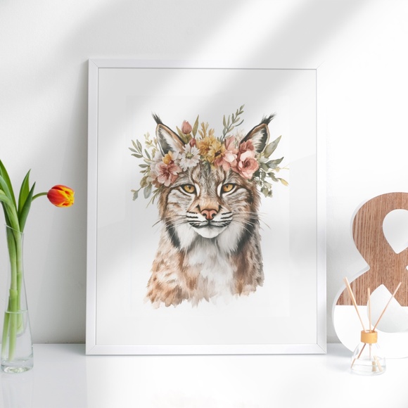 Watercolor Floral Lynx Portrait Wall Art Illustration Print Poster Unframed - Picture 4 of 9